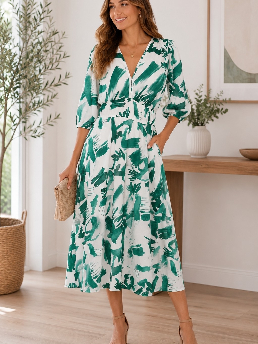 New w/Tags s. deer Vibrant Green Brushstroke Midi Dress with V-Neck Women's XL